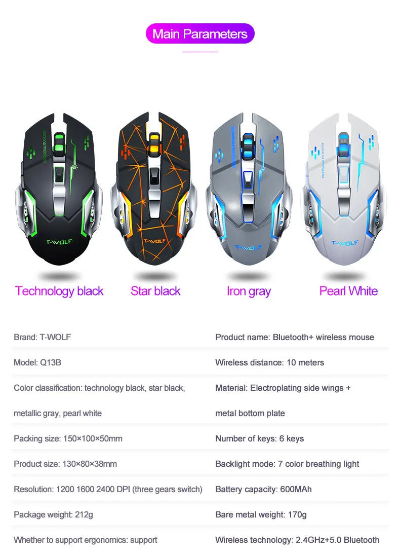 Souris de jeu sans fil 6 touches Rétroéclairage RVB Souris de jeu Bluetooth 2.4G Connexion USB Double mode Batterie rechargeable 3 niveaux DPI T-WOLF Q13 Clic silencieux Conception ergonomique