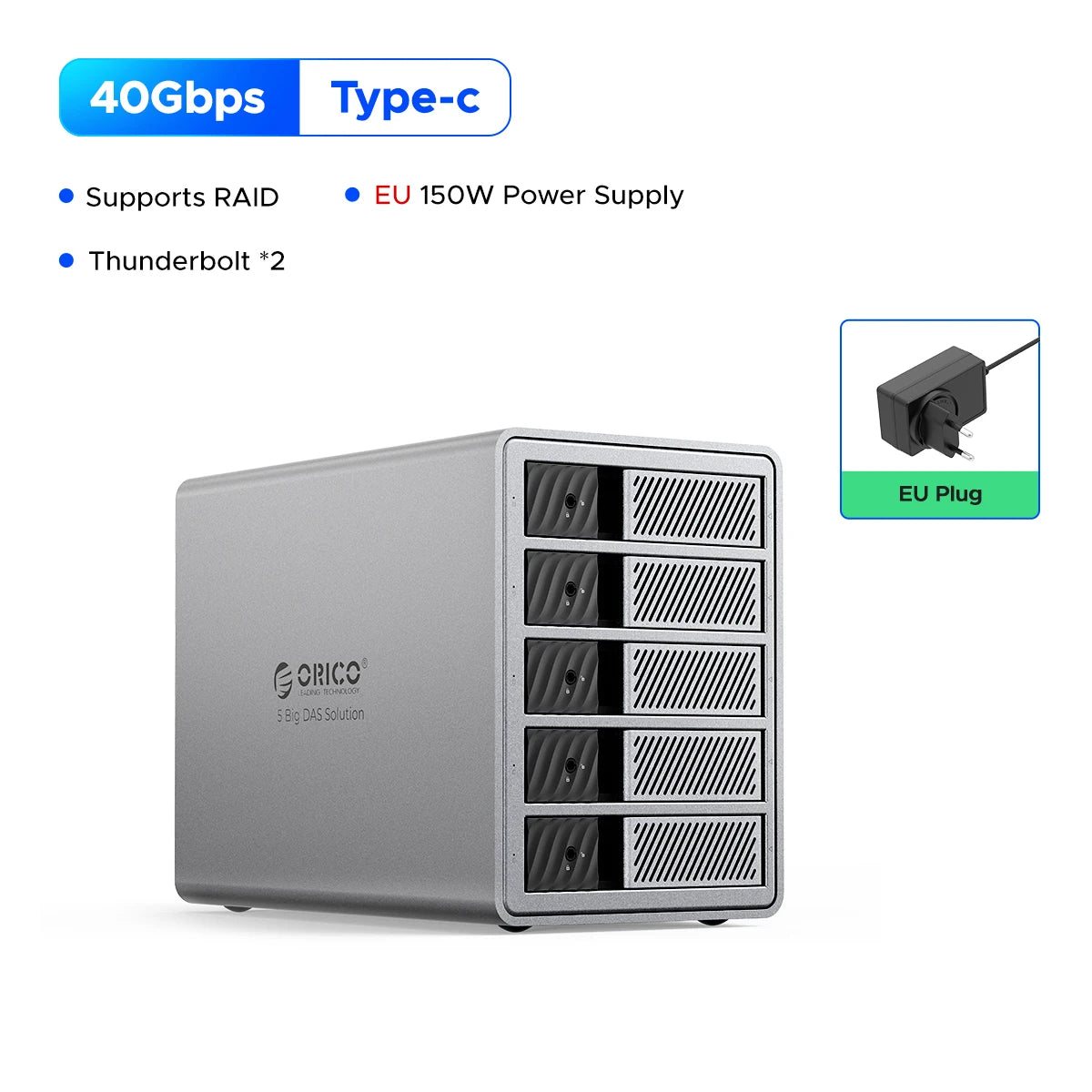ORICO-Station d'accueil Andrjohd, DAS 5 baies, 40Gbps, destruction, Type-C 3.5, boîtier HDD, RAID souple, compatible avec Thunderbolt 3, ventilateur de refroidissement