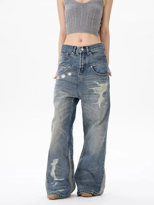 Trashy Y2K 2000S Vintage bleu Patchwork Baggy empilé déchiré jean pantalon pour femmes Designers vêtements décontracté dame Denim pantalon