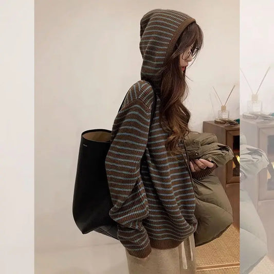 2025 nouveaux hauts large décontracté coréen à capuche rayé mode pull vêtements chauds femmes automne et hiver à capuche