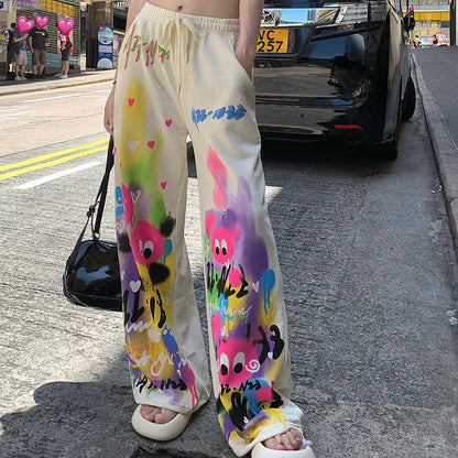 Pantalon décontracté Kawaii Dopamine Graffiti pour femme, taille haute élastique, poches Wstring, jambe large, été