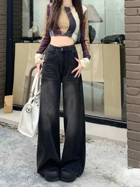 Jean taille haute à jambes droites pour femme, pantalon à jambes larges, Vintage, Slim, ample, drapé, Version étroite, nouvelle collection hiver