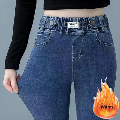 Pantalon crayon en denim skinny épais pour femme, jean décontracté, doublé de velours en peluche, taille haute, coréen, chaud, commandé, hiver, nouveau