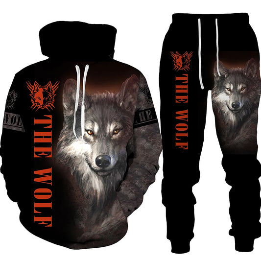 Ensemble de pantalons de survêtement et sweat à capuche College en 3D pour hommes, survêtement surdimensionné, streetwear imbibé, vêtements de sport, motif animal loup, hiver, automne