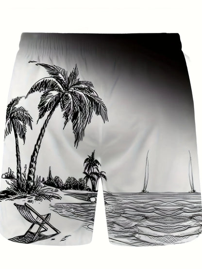 Série d'été hommes dégradé cocotier imprimé respirant col rond T-shirt ensemble short et haut extérieur deux pièces ensemble