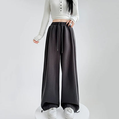 Pantalon de survêtement taille haute pour femme, noir et gris, taille élastique, jambes larges, confortable, droit, ample, Sport, printemps automne