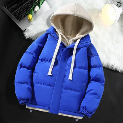 Hommes à capuche coton Coat2024 nouveau décontracté à capuche faux deux pièces conception vers le bas coton chaud Parka Style coréen épais hommes veste d'hiver