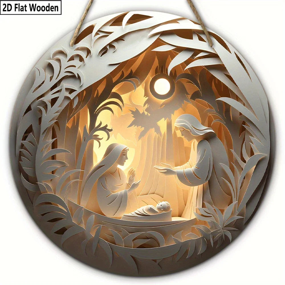 2D flat 1 Christian Christmas "Christmas Eve" circular wooden wall decoration, paper-cut effect pattern, festival decoration