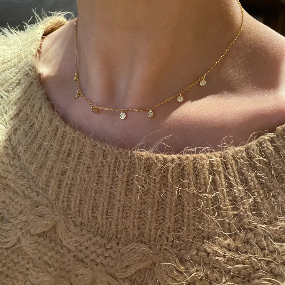 Collier ras du cou en argent Sterling 925 pour femmes, Station CZ transparente, multi-charmes, à la mode, délicat, points Disco, goutte d'eau, pendentif