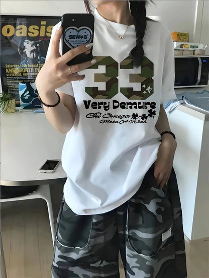 Y2K Camouflage lettre à la mode imprimé col rond manches courtes T-Shirt été mode décontracté polyvalent femmes haut respirant
