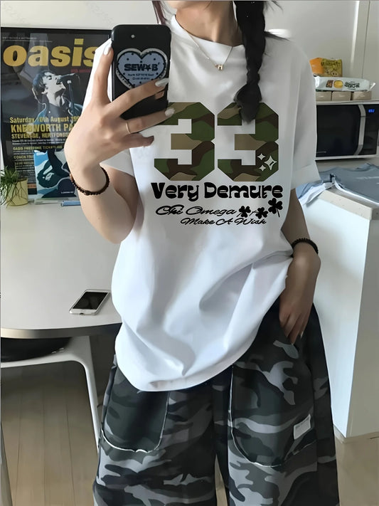 Y2K Camouflage lettre à la mode imprimé col rond manches courtes T-Shirt été mode décontracté polyvalent femmes haut respirant