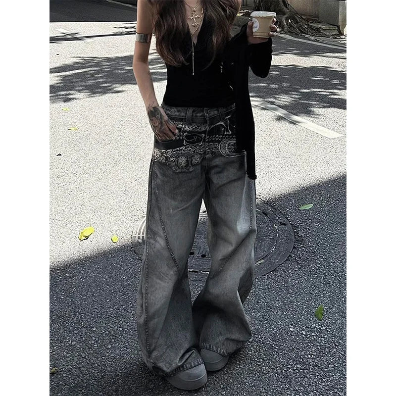 Pantalon en jean imprimé taille haute pour femmes, Vintage américain Hip-hop, Baggy décontracté Y2K, jambes larges, Style Streetwear Grunge, pantalon en Denim