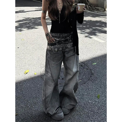 Pantalon en jean imprimé taille haute pour femmes, Vintage américain Hip-hop, Baggy décontracté Y2K, jambes larges, Style Streetwear Grunge, pantalon en Denim