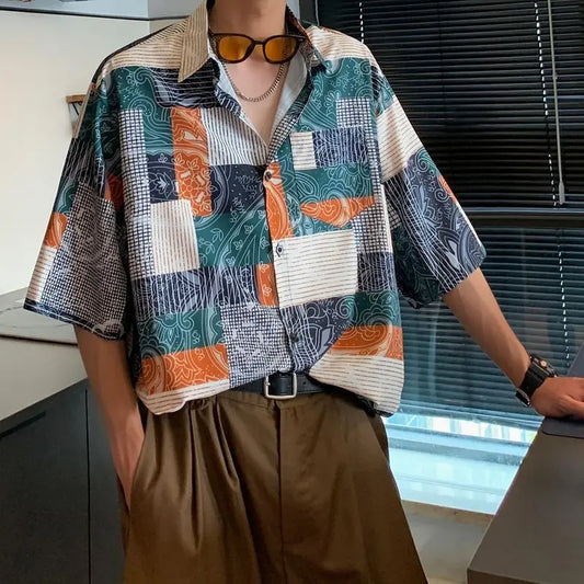 Chemise décontractée à manches courtes pour hommes, rétro artistique, style Hong Kong, imprimé à carreaux rayé, revers respirant, polyvalent, été