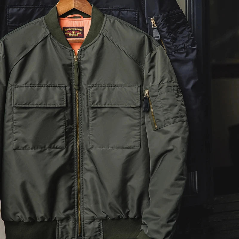 Maden Veste de bombardier MA1 pour hommes col de baseball doublure orange classique deux poches veste de baseball chaude pour l'automne et l'hive
