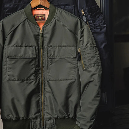Maden Veste de bombardier MA1 pour hommes col de baseball doublure orange classique deux poches veste de baseball chaude pour l'automne et l'hive