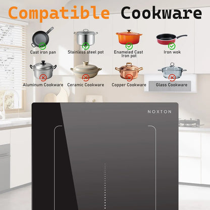NOXTON Plaque à induction 2 feux,  Plaque de cuisson électrique encastrée, zone de gril flexible, anneau coulissant tactile, 220-240V fil rigide/prise de courant