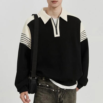 Pull rayé à manches longues pour hommes, demi-fermeture éclair, col polo, plus gros, décontracté, édition coréenne, printemps et automne, nouveau, 2024