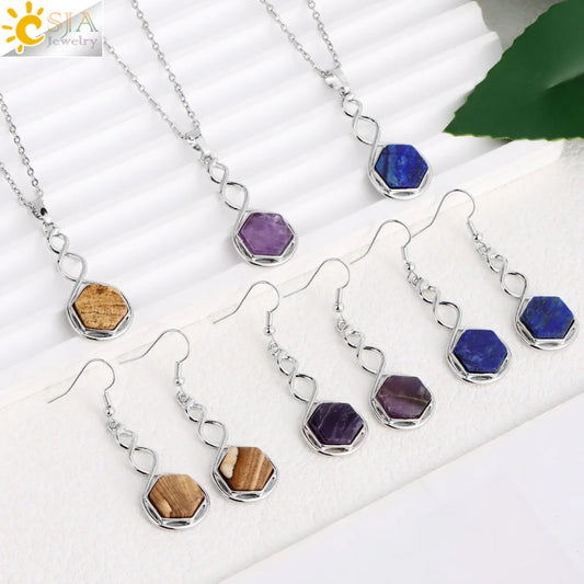 CSAlbaneParure de bijoux en pierre naturelle pour femme, boucles d'oreilles, collier, hexagone, pendentif en cristal, acier inoxydable, accessoires de bijoux, H577
