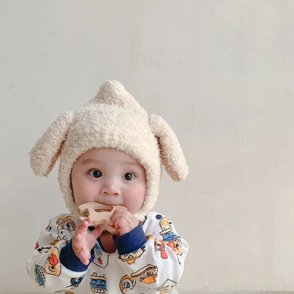 Chapeau en peluche avec oreilles de lapin pour bébé, bonnet pour bébé, bonnet à oreillettes, dessin animé coréen, chaud, mignon, garçon, fille, enfants, automne, hiver
