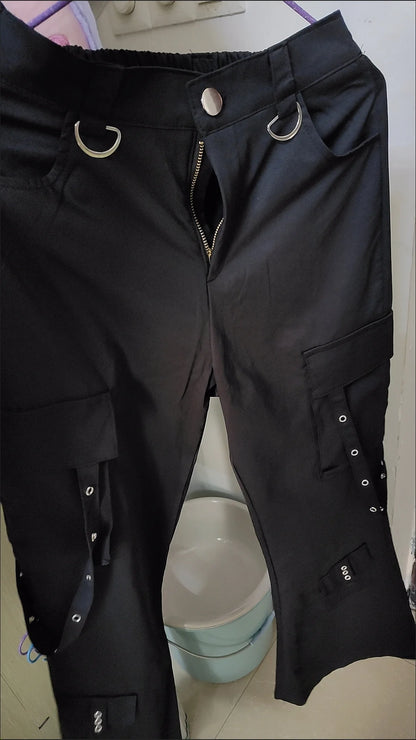 Pantalon évasé cargo gothique noir pour femme, vintage, Harajuku, années 90, rétro, taille haute, jambe large, fjStreetwear, années 2000, Y2k