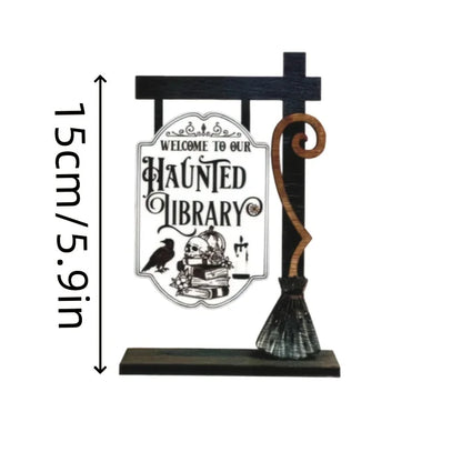 Décoration de bibliothèque fantôme d'Halloween – suspension en bois de style gothique, conception de crâne, corbeau et de chapeau de sorcière 3D