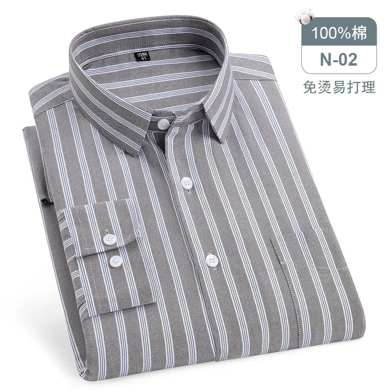 Chemise Oxford rayée à carreaux pour hommes, chemise sociale à manches longues, chemises de travail décontractées, poche, pur coton, qualité, S- 7XL, 8XL, 100%