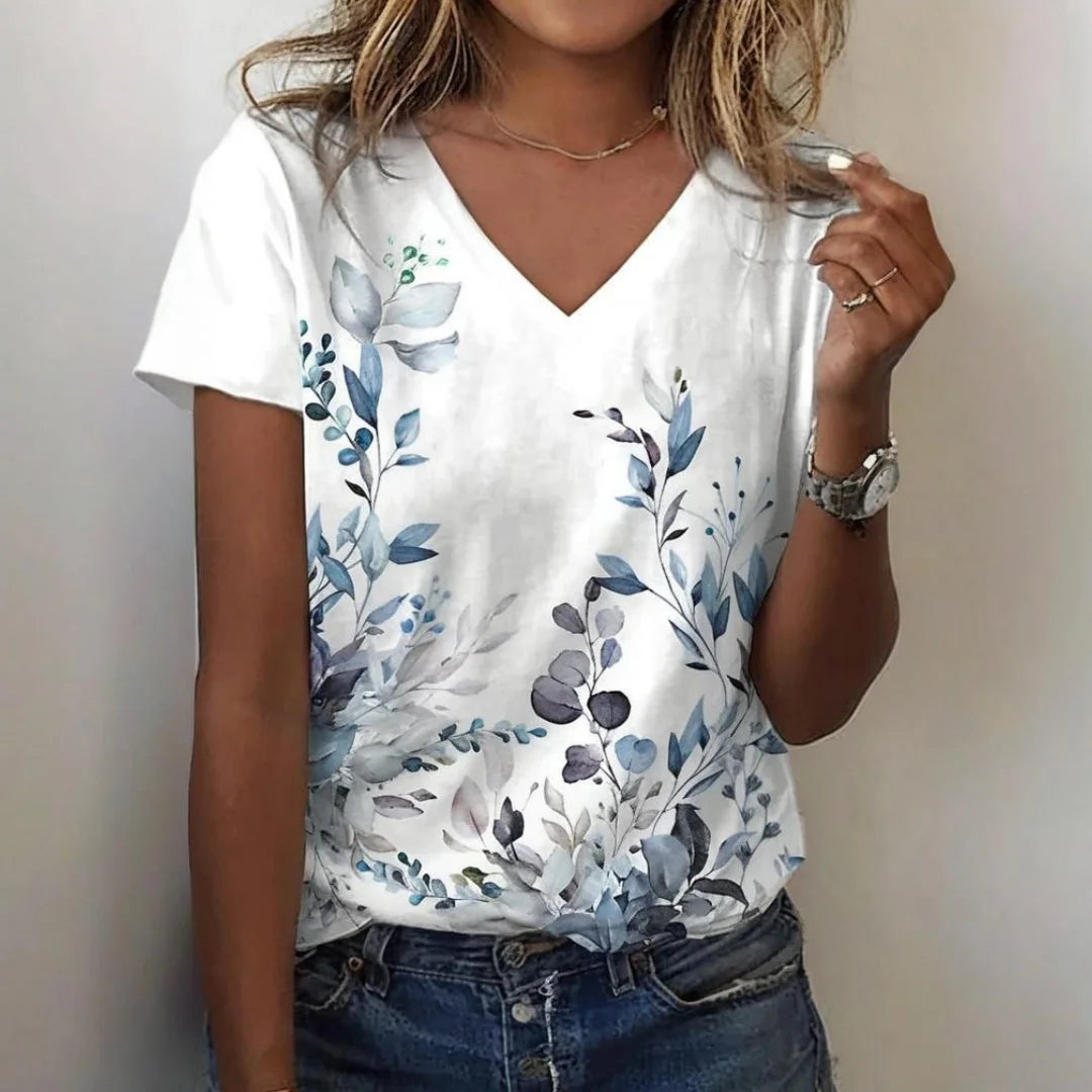 T-shirt femme été décontracté extérieur col en v blouse à manches courtes motif imprimé polyvalent grande taille ample confortable court