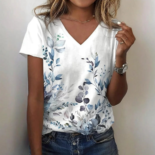 T-shirt femme été décontracté extérieur col en v blouse à manches courtes motif imprimé polyvalent grande taille ample confortable court