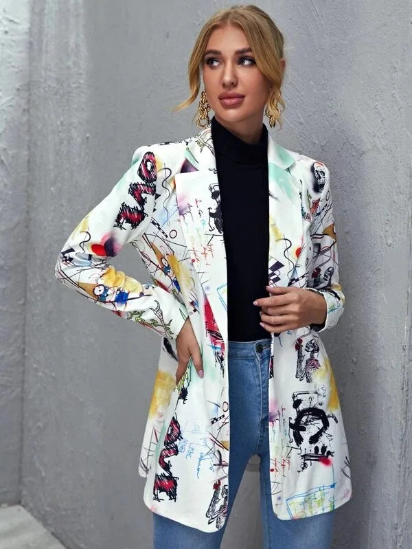 Blazer Vintage Imprimé Graffiti pour Femme, Veste Élégante, Manteau Américain, Grande Taille, Mode High Street, Nouvelle Collection Printemps 2021