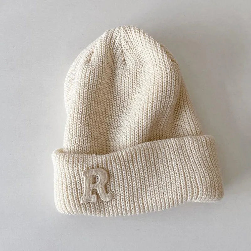 Chaud bébé hiver chapeaux pour enfants bonnet tricoté couleur bonbon R lettre en plein air décontracté enfants filles bonnet chapeau