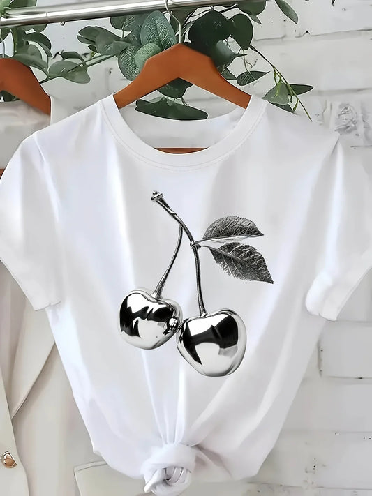 Haut de printemps décontracté avec motif de dessin animé, vêtements décontractés, imprimé cerise argentée moderne, t-shirt graphique à col rond pour femmes, vêtements Vintage