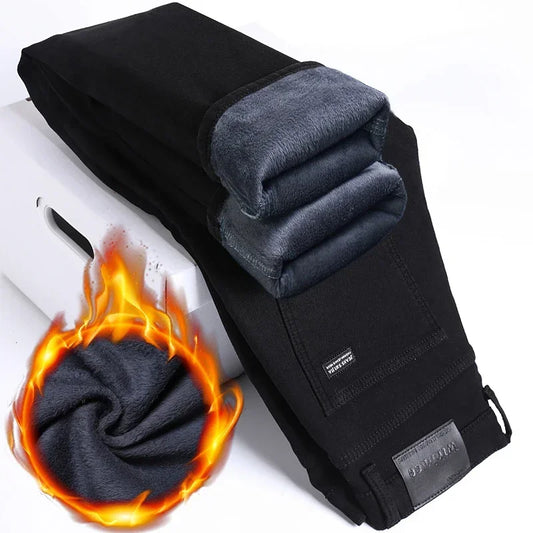 2025 nouveaux hommes d'hiver noir droit Stretch Denim épais velours pantalon chaud jean décontracté polaire ligne pantalon mâle grande taille