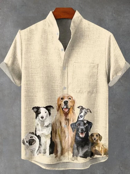 2025 hommes décontracté mode nouvelle chemise en lin Art imprimé chien de compagnie motif chemises mode décontracté et confortable hommes chemise unie
