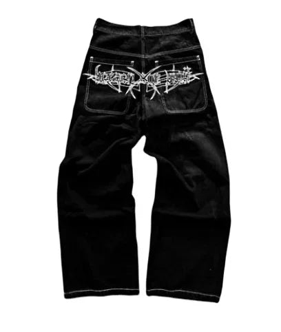 Pantalon Patch populaire avec motif d'épine imprimé, jean déchiré gothique Harajuku pour hommes et femmes, pantalon de rue taille haute Y2k à jambes larges