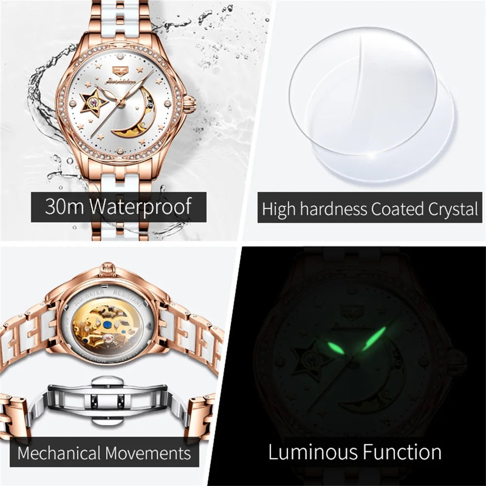 JSDUN-Montres mécaniques automatiques étanches pour femmes, modules en céramique, montre-bracelet de luxe pour dames, nouvelle mode originale