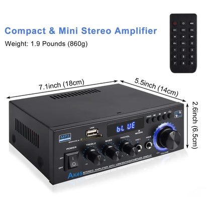 Amplificateur de puissance Bluetooth 5.0, récepteur stéréo, caisson de basses, audio Hi-Fi, AK45, 2 canaux, 300W x 2 sorties, Max 800W