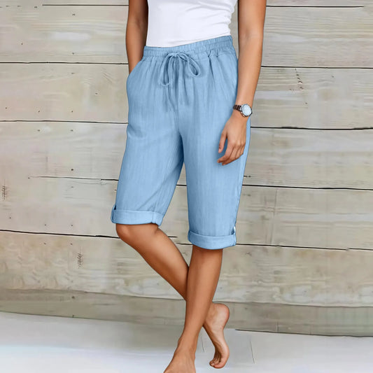 Femmes été Shorts décontracté genou longueur jambe droite taille élastique cordon à lacets pantalons courts femme genou longueur bas