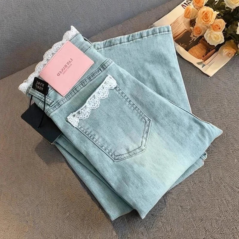 Jean Patchwork en dentelle pour femmes, coupe cintrée, taille haute, Micro pantalon évasé, Style coréen, décontracté, fermeture éclair, Denim, été