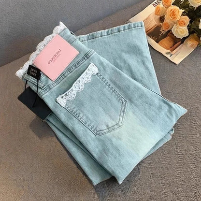 Jean Patchwork en dentelle pour femmes, coupe cintrée, taille haute, Micro pantalon évasé, Style coréen, décontracté, fermeture éclair, Denim, été