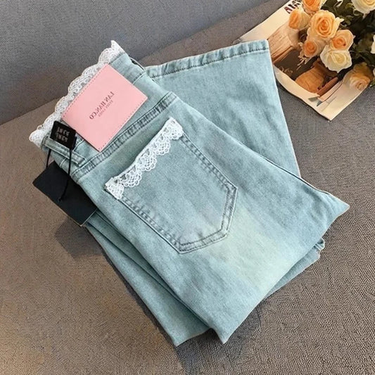 Jean Patchwork en dentelle pour femmes, coupe cintrée, taille haute, Micro pantalon évasé, Style coréen, décontracté, fermeture éclair, Denim, été