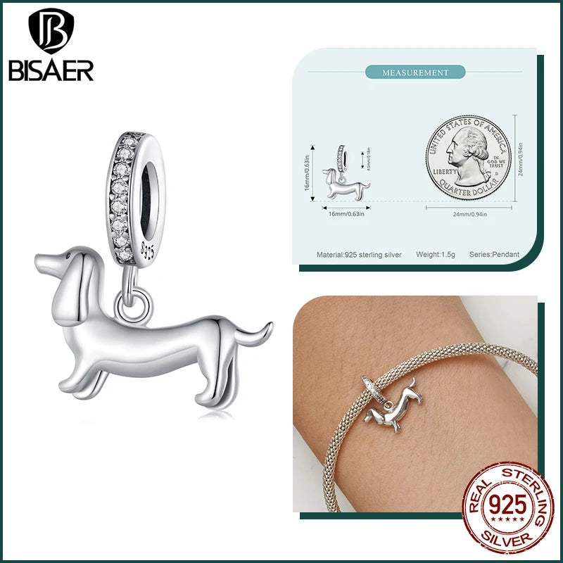 BISAER 925 en argent Sterling mignon chien breloque perle teckel animal de compagnie pendentif platine plaqué ajustement femmes Bracelet à bricoler soi-même bijoux fins