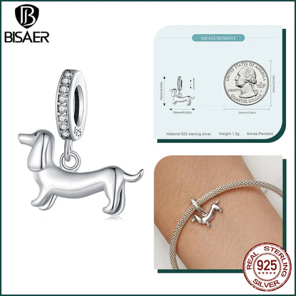 BISAER 925 en argent Sterling mignon chien breloque perle teckel animal de compagnie pendentif platine plaqué ajustement femmes Bracelet à bricoler soi-même bijoux fins