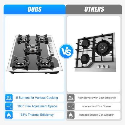 Table de cuisson à gaz avec seau intégré, 5 brûleurs, panneau en verre du Guatemala, facile à nettoyer, démarrage rapide, cuisine, 35.4x20.1x2.4 pouces