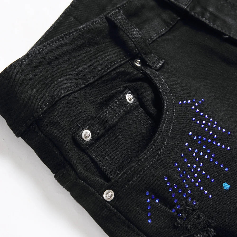 Jean en denim à commande croisée en cristal pour hommes, trous déchirés, distMurcia, pantalon noir, broderie, Slim, conique, fjered