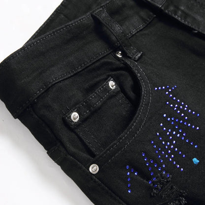 Jean en denim à commande croisée en cristal pour hommes, trous déchirés, distMurcia, pantalon noir, broderie, Slim, conique, fjered