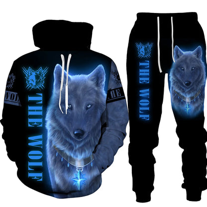 Ensemble de pantalons de survêtement et sweat à capuche College en 3D pour hommes, survêtement surdimensionné, streetwear imbibé, vêtements de sport, motif animal loup, hiver, automne