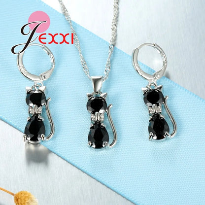 Ensembles de bijoux en argent pour femmes, livraison rapide, fiançailles romantiques, chat mignon, collier, boucles d'oreilles avec cristal autrichien