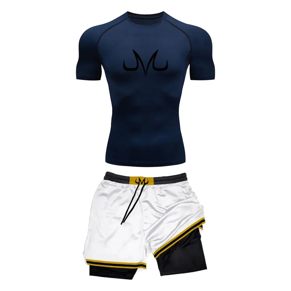 Chemise de Compression + short de gymnastique 2 pièces entraînement été Anime imprimé ensemble de Compression de gymnastique course Sport Fitness costume pour hommes vêtements de Sport