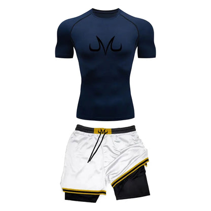 Chemise de Compression + short de gymnastique 2 pièces entraînement été Anime imprimé ensemble de Compression de gymnastique course Sport Fitness costume pour hommes vêtements de Sport